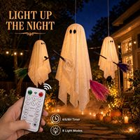 Décorations d'Halloween : Lot de 3 Fantômes en Plastique avec Lumières Chaudes Intégrées, Gaze Flottante et Suspendue pour Utilisation Intérieure et Extérieure