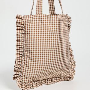 Custom Large <b>Boho</b> Handbag for Women with Gingham Checkered & Woven Label Logo Weekend Zipper Tote Shopper <b>Bag</b> with Frill - Product Image 3