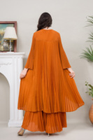 Ensemble Plissé Élégant Femme Grande Taille, Haut et Pantalon Style Miyake, Tenue Orange Simple de Haute Qualité pour Église