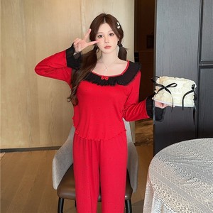 Abito modale a righe incassate con stampa a pois in pizzo comodo pantaloni a maniche lunghe più abbigliamento per la casa in cotone sul <span class=keywords><strong>petto</strong></span> - Product Image 1