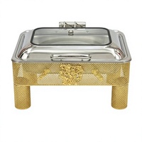 Plat de service rectangulaire de luxe en acier inoxydable doré, chauffe-plat de buffet avec couvercle transparent, chauffage à l'alcool pour hôtel