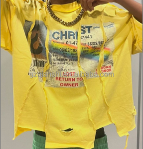 Cotton Distressed Hole Streetwear Screen Print T-shirt Fabric Splicing Irregular <b>Boxed</b> Cut and <b>Sew</b> Boxy Graphic t Shirt for Men - Product Image 5