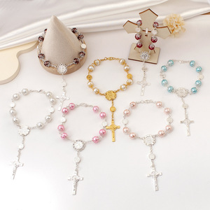Pulsera al por mayor con dije <span class=keywords><strong>de</strong></span> cruz, cuentas <span class=keywords><strong>de</strong></span> perlas <span class=keywords><strong>de</strong></span> imitación religiosas, mini <span class=keywords><strong>rosario</strong></span> <span class=keywords><strong>de</strong></span> <span class=keywords><strong>dedo</strong></span> para recuerdos, regalo <span class=keywords><strong>de</strong></span> bautismo o iglesia - Product Image 3