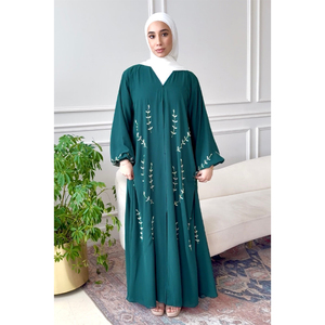Abaya islamique élégante et respirante pour femme, personnalisée par LEDUO, avec broderies, col en V, manches longues, pour mariage en automne/printemps - Product Image 1