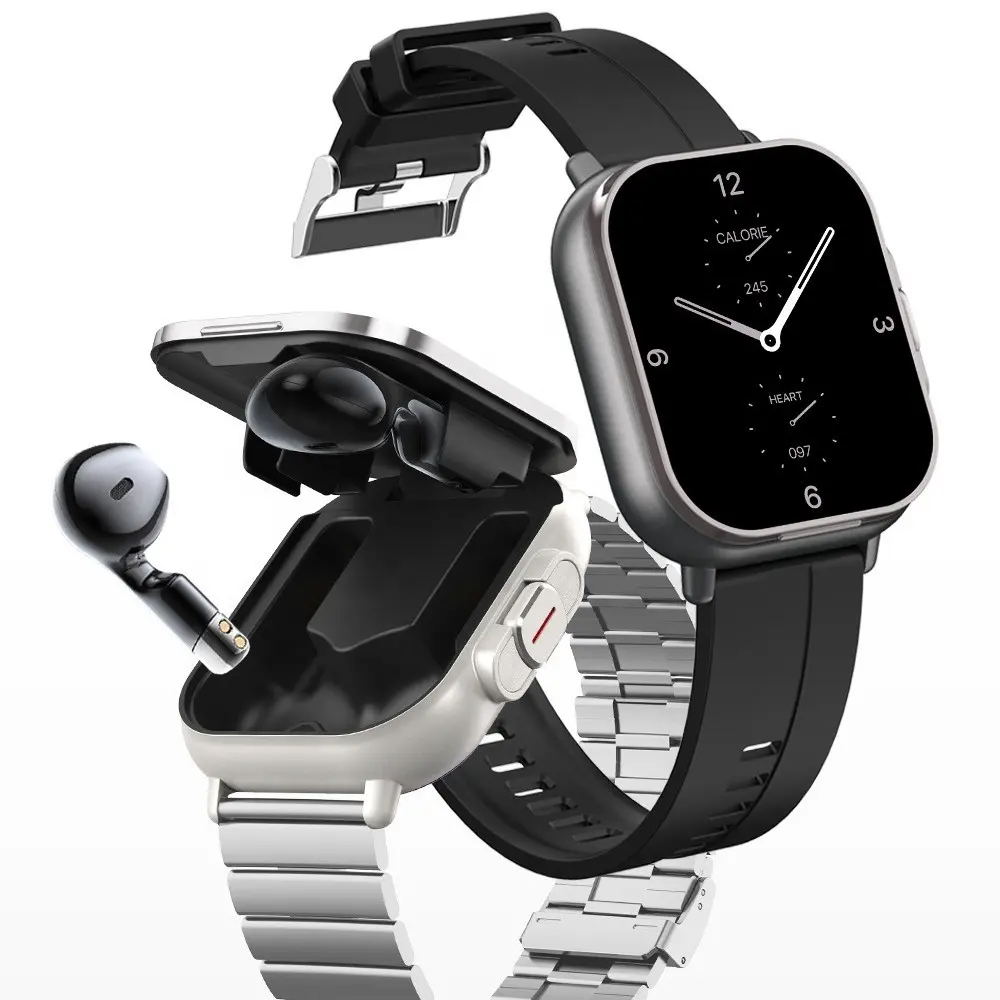 Jam tangan pintar 2 In 1 dengan Earbuds, dengan fungsi pembayaran 2 inci layar sentuh, pemantau tekanan darah denyut jantung untuk pria dan wanita