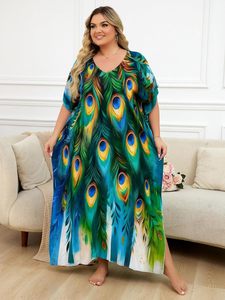 <strong>Plus</strong> <strong>Size</strong> Chiffon Loose <strong>Beach</strong> Kaftan Dresses for Women Print V-Neck Long Swimsuit <strong>Cover</strong> <strong>Ups</strong> - Product Image 3