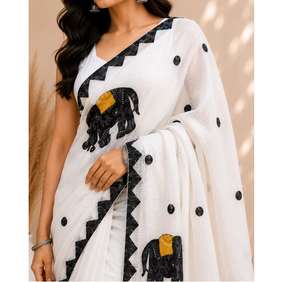Sari Kota élégant à motif d'éléphant pour femmes, vêtement ethnique indien traditionnel brodé, collection boutique respirante - Product Image 3