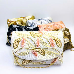 Sac à main de soirée luxueux fait main en satin, orné de perles et de paillettes, pour femmes |   Sac à bandoulière brodé pour soirée et mariage avec chaîne - Product Image 1