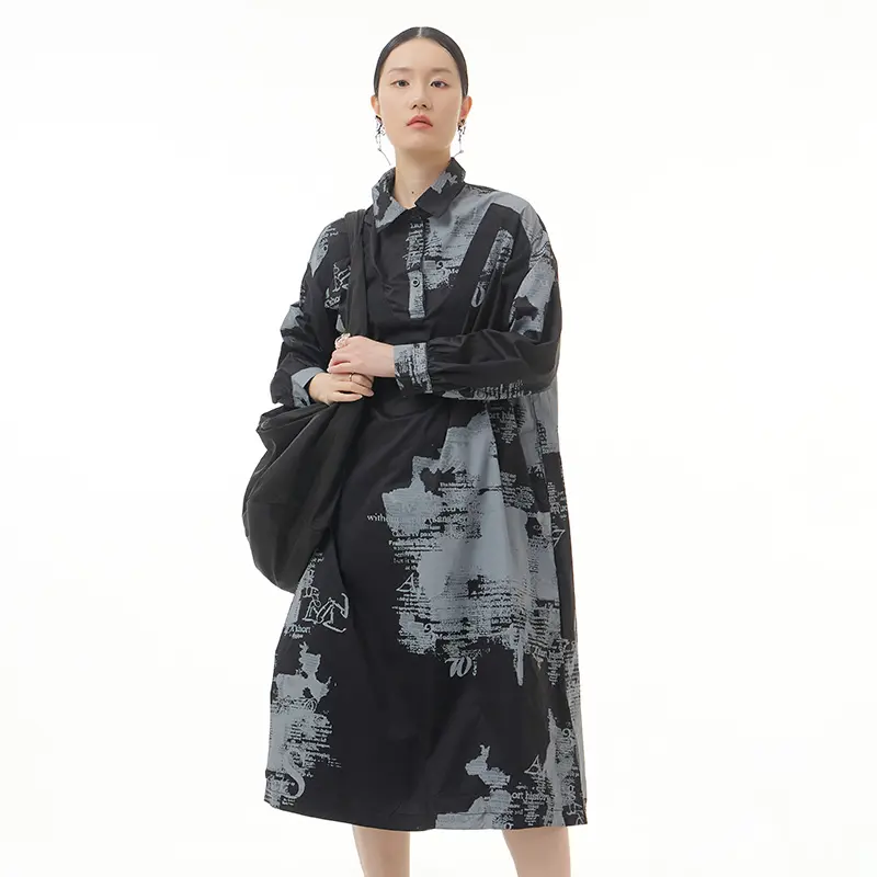 Plus Size Women's Long Sleeves Dresses Autumn New 2022 Printed Dress Dark Loose Look Thin Shirt Dress 8822