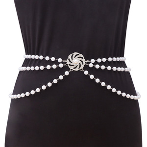 โซ่คาดเอวแฟชั่นยุโรป ดีไซน์ดอกไม้ ทองคำขาว สำหรับงานปาร์ตี้ หลายห่วง ประดับมุกเทียม - Product Image 6