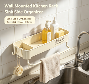 Étagère de salle de bain en plastique sans perçage, support de rangement autoportant avec crochets et compartiments - Product Image 2