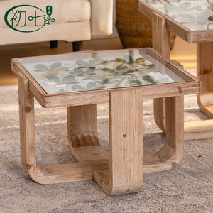 <b>Solid</b> <b>Wood</b> Coffee <b>Table</b> Glass <b>Top</b> Distressed Finish Small Apartment Living Room Side <b>Table</b> H2487 - Product Image 2