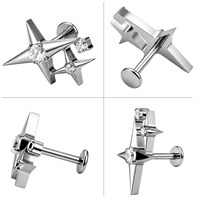 Piercing Labret en Titane ASTM F136 G23 à Filetage Interne avec Double Étoile à Quatre Branches en Zircon Cubique pour Tragus, Cartilage, Hélix, Conch, Lèvre