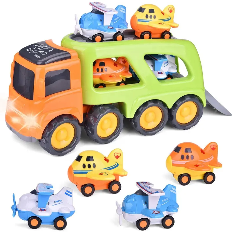Electric Cartoon Friction Powered Car Toy Trucks Transport Truck with Lights&Sounds Includes 4 Mini Cars for Kids