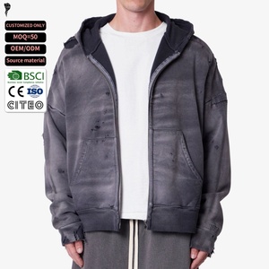 Nouvel arrivage : Sweat à capuche zippé personnalisé, style vintage délavé, coupe ample, streetwear, pour hommes - Product Image 1