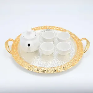 अरब गोल सोने की प्लेटेड धातु ट्रे घर सजावट केक चाय कप धारक कॉफी टेबल के लिए ट्रे सजावटी ट्रे