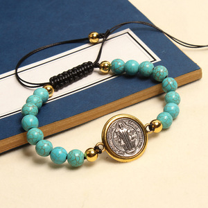 Pulsera Católica de <span class=keywords><strong>San</strong></span> <span class=keywords><strong>Benito</strong></span> con Cuentas de Turquesa, Rosario Tejido Ajustable, Artículo Sagrado de Exorcismo, Joyería de Cuentas de Oración al por Mayor - Product Image 1