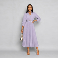 Robe chemise plissée grande taille à manches longues avec ceinture, coupe trapèze mi-longue, couleur unie, pour le bureau ou les soirées