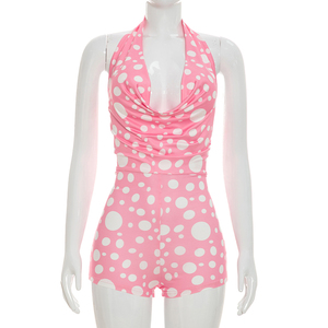 Viviblook J26RP211 Combinaison d'été sexy sans manches à dos nu et bretelles, imprimé pois, moulante, une pièce pour femme - Product Image 5