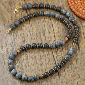 Kalung manik-manik batu alami 10mm untuk pria, Kalung Lava dengan perhiasan buatan tangan Labradorite mata harimau - Product Image 1