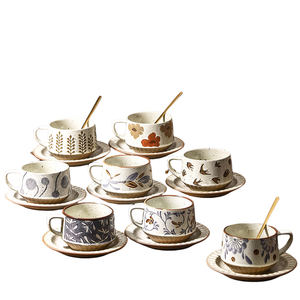 Ensemble tasse à café et soucoupe en céramique vintage, design créatif et raffiné, en poterie artisanale, tasse à latte, mug exquis de haute qualité pour la maison - Product Image 1