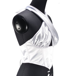 White Satin <b>Corset</b> Crop <b>Top</b> Women <b>Lace</b> <b>Up</b> Tie Back Slim Waist Trimmer Short <b>Tops</b> - Product Image 4