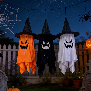 Décoration d'Halloween : Chapeau de Sorcière Lumineux, Fantôme Suspendu, Ornement Extérieur, Pendentif de Porte, Accessoire de Scène de Fête, Décoration Suspendue - Product Image 5