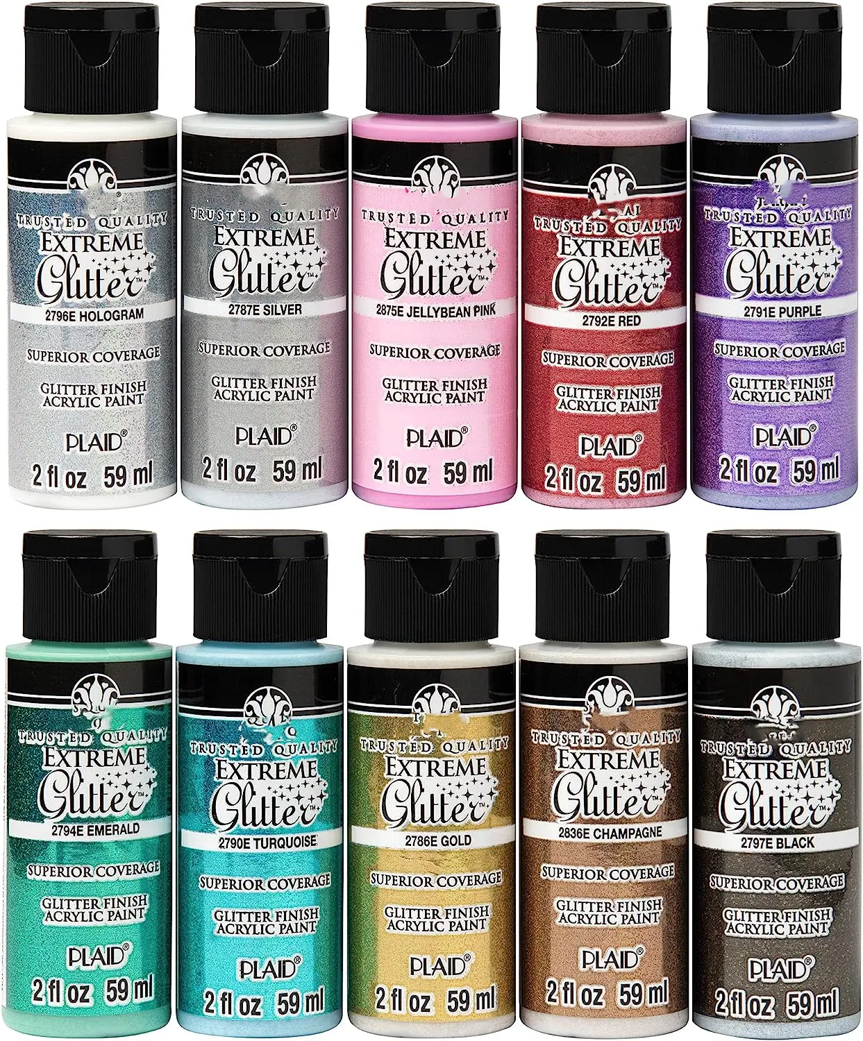 Formulated to be Non-Toxic and Designed for Beginners and Artists Ten 2 Oz/59ml/Bottle Extreme Glitter Acrylic Craft Paint Set