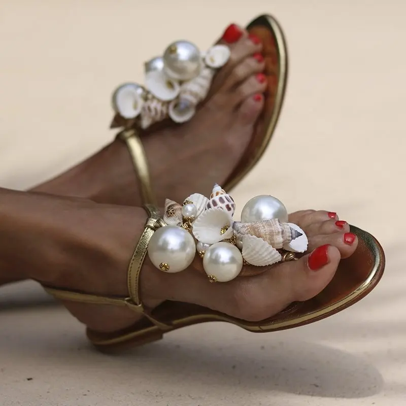 Ladies Shoes 2024 Designer Sandals Women Famous Brands White Pearl Decorated Comfortable Women Flat Sandals Bridal Shoes