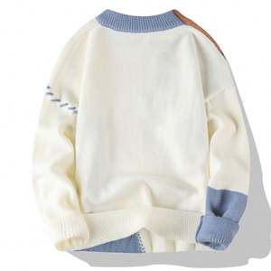 Pull en maille pour homme, col rond, style patchwork, demi-col roulé, pull en maille pour homme, pull de style couple avec doublure en polaire - Product Image 5