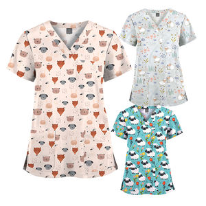 เสื้อพิมพ์ลายดอกไม้สำหรับผู้หญิงเสื้อคอวีแขนสั้นน่ารักพิมพ์ลายสัตว์ชุดเครื่องแบบทำงานพยาบาลมีกระเป๋าวันหยุด - Product Image 3