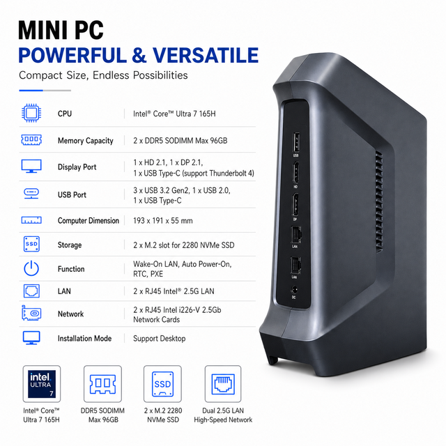 New In-tel Core Ultra 7 165H Mini PC 5.0GHz 16-Core Desktop DDR5 96GB NVME 2.5G LAN Gaming PC AI Office Workstation