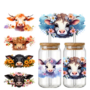 Calcomanía UV Impermeable para Transferencia a Vaso de Vidrio de 16oz y Taza Metálica con Diseño de Vaca, Vaqueta y Girasol en Acuarela, Envío Rápido en 48H - Product Image 1