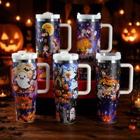 Gobelet isotherme réutilisable en acier inoxydable de 40 oz avec poignée et paille, personnalisable, pour voiture, camping, festival, cadeau d'Halloween