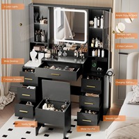 Ventes Flash Usine Meubles Coiffeuses Modernes en Bois Noir avec Grand Miroir Éclairé, 7 Tiroirs, Multiprise et Éclairage Réglable