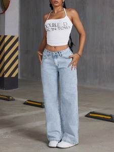 Pantalones Vaqueros Rectos Azul Cielo Transpirables para Mujer, Cintura Media, Lavado Oscuro, Estilo Vintage, Casual, Sexy, para Uso Diario, Primavera, Verano, Club, 100% Algodón - Product Image 2