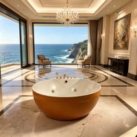 Baignoire balnéo autoportante ronde de luxe avec jets hydrothérapeutiques et robinetterie dorée pour hôtel, villa, salle de bain