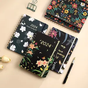 Caderno de planejamento espiral floral com fecho elástico, agenda diurna, livro de 12 meses, planejador semanal com bolso interno, pronto para enviar, fecho elástico para 2024.