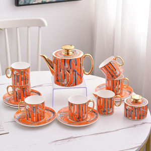 Service à thé en céramique motif sceptre orange 15 pièces, tasses à thé en porcelaine osseuse avec poignée dorée, idéal pour un cadeau - Vente chaude - Product Image 1