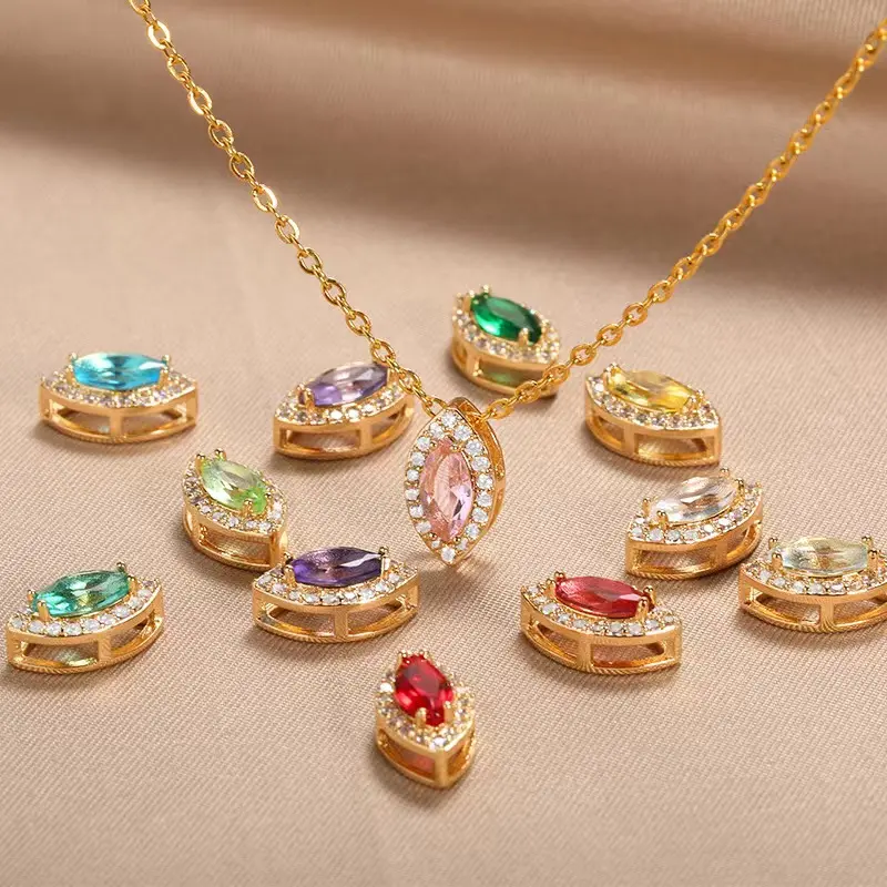 Fine Jewelry 18k Gold Plated Colorful Water Drop Zircon BirthStone Pendant Necklace