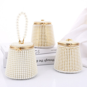 Elegante Borsa da Sera con Perle per Matrimoni e Feste Nuziali, <span class=keywords><strong>Pochette</strong></span> con Perline, Borsa a Secchiello con Tracolla di Perle e Cornice Dorata - Product Image 2