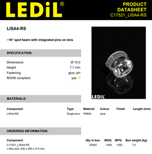 Lente LED de 16 Grados Ledils C17521_LISA4-RS, 10 mm de Diámetro, PMMA, Ajuste a Presión, Óptica LED - Product Image 2
