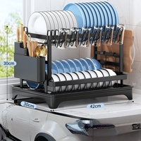 Égouttoir à vaisselle double couche pour cuisine, support de comptoir avec porte-tasses, boîte à couteaux/baguettes, bac à eau pour le rangement des bols/assiettes