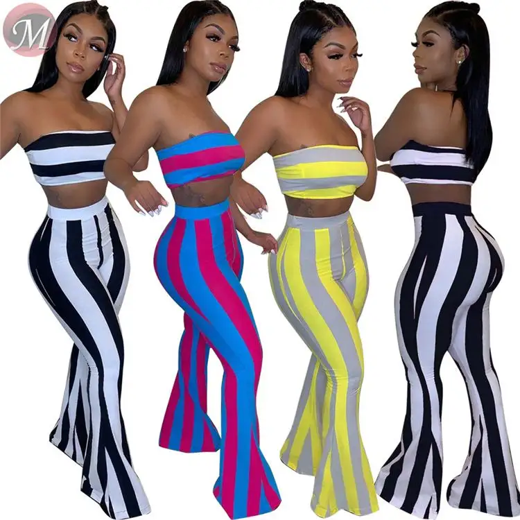 9082306 wholesale hot strapless tube crop top high waist flared pants striped women clothing two piece set new fashion