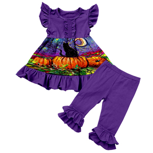 Conjunto de 2 piezas de ropa de Halloween para niñas de seda de leche: Vestido y camiseta con estampado de gato negro y calabaza de Noche Estrellada, atuendo suave de seda de leche para niños. - Product Image 4