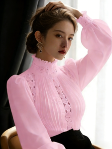 เสื้อผู้หญิงไซส์ใหญ่ สีชมพูล้วน แต่งลูกไม้ คอทรงโอ แขนทรงกระบอก ผ้าชีฟองจีบหรูหรา สวมใส่สบายๆ สำหรับฤดูใบไม้ผลิ/ฤดูใบไม้ร่วง - Product Image 1