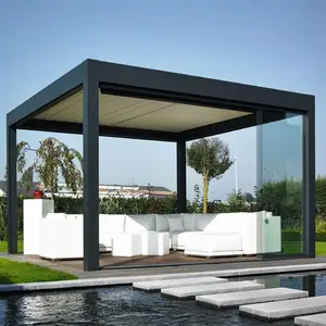 Modern Bioclimatic Pergola Kaca Gazebo Luar Ruangan Tahan Air Bermotor Louvered Aluminium Pergola dengan Tirai Pintu Kaca