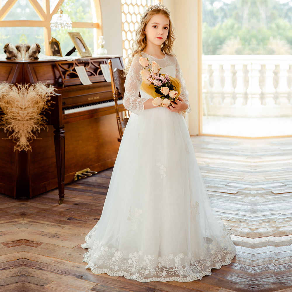 old fashioned first communion dresses White Lace First Communion Dress: Long Puffy Sleeve Tulle Gown