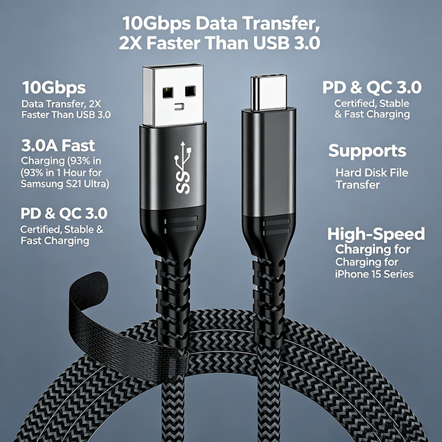 10Gbps USB-A to USB-C Cable 3.0A Fast Charging Nylon Braided E-Marker Chip for Phone Laptop