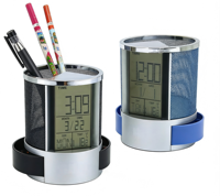 Porte-stylo rond multifonctionnel en métal avec calendrier, réveil, organisateur de bureau stable pour le rangement de fournitures scolaires et de bureau